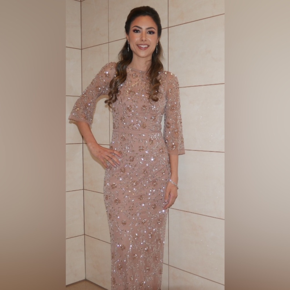 Aidan Mattox Embellished Three-Quarter-Sleeve Gown